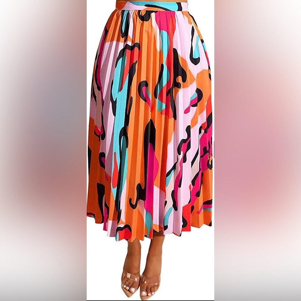 Women's Sexy Summer High Waist Chiffon Printed Colorful Midi Skirt Orange